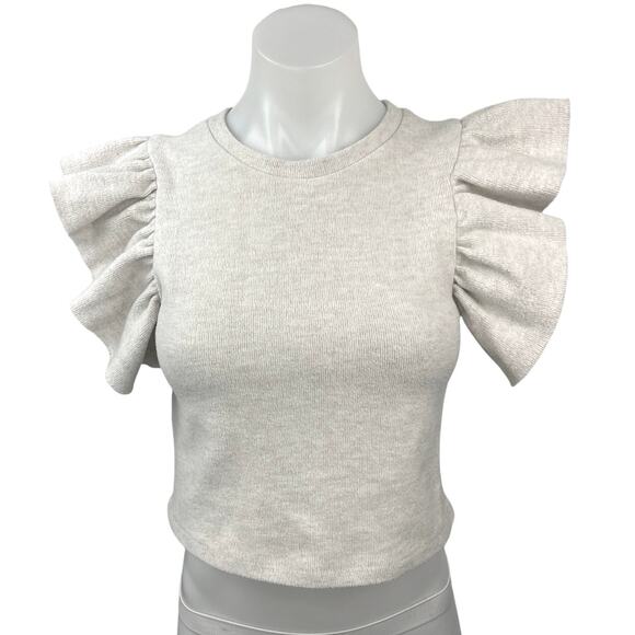 Zara Gray White Ruffle Flutter Sleeve Round Neck Stretch Knit Crop Top Blouse S - Picture 1 of 4